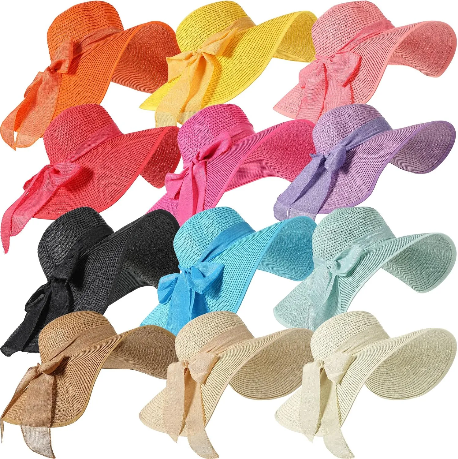 Tigeen 12 PCS Women's Wide Brim Straw Hats Floppy Sun Hat Foldable Multicolor Summer Beach Sun Cap UPF 50 