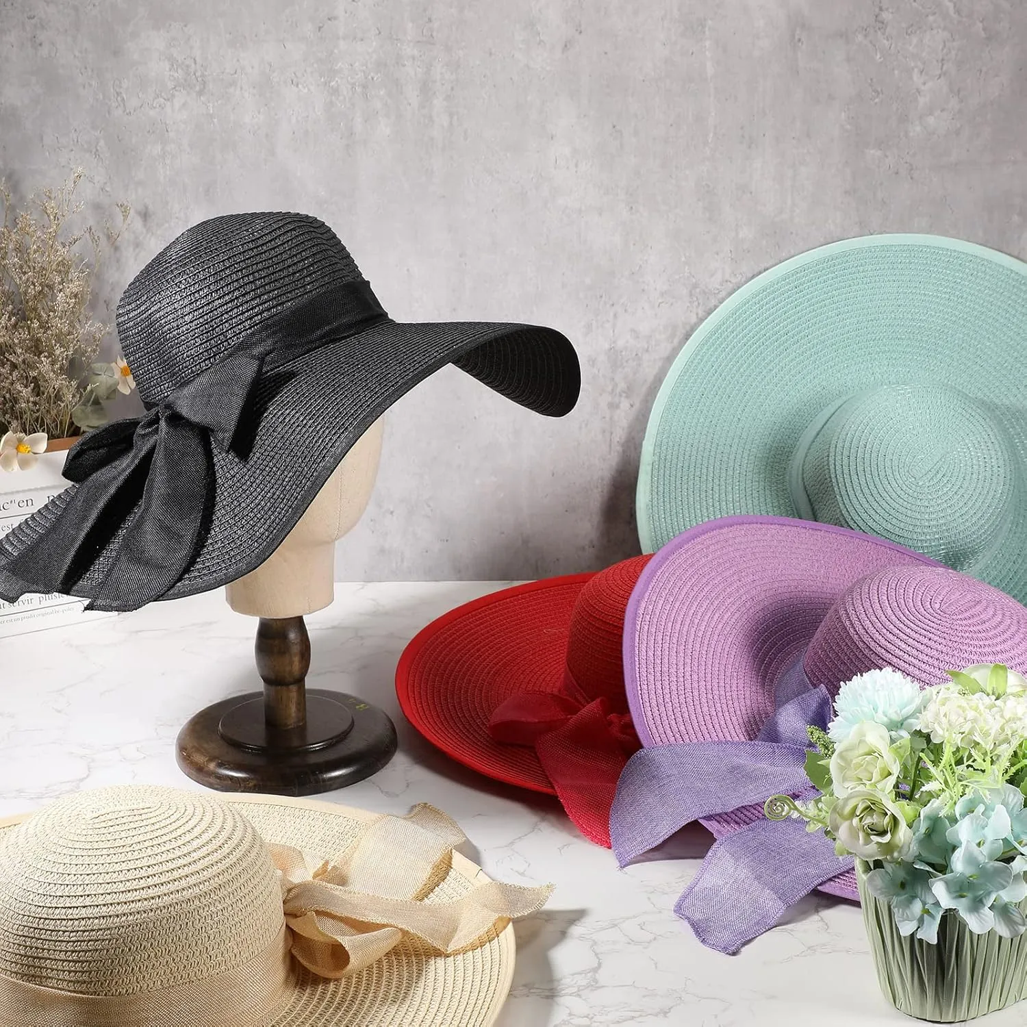 Tigeen 12 PCS Women's Wide Brim Straw Hats Floppy Sun Hat Foldable Multicolor Summer Beach Sun Cap UPF 50 