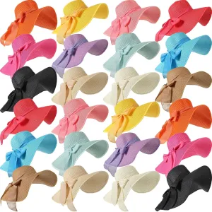 Tigeen 24 Pcs Sun Straw Hats for Women Bowknot Wide Brim 22.1-22.4 Inches Foldable Women's Floppy Hat Uv Protection UPF 50  Summer Beach Cap for Girls Ladies, 12 Colors Multicolor