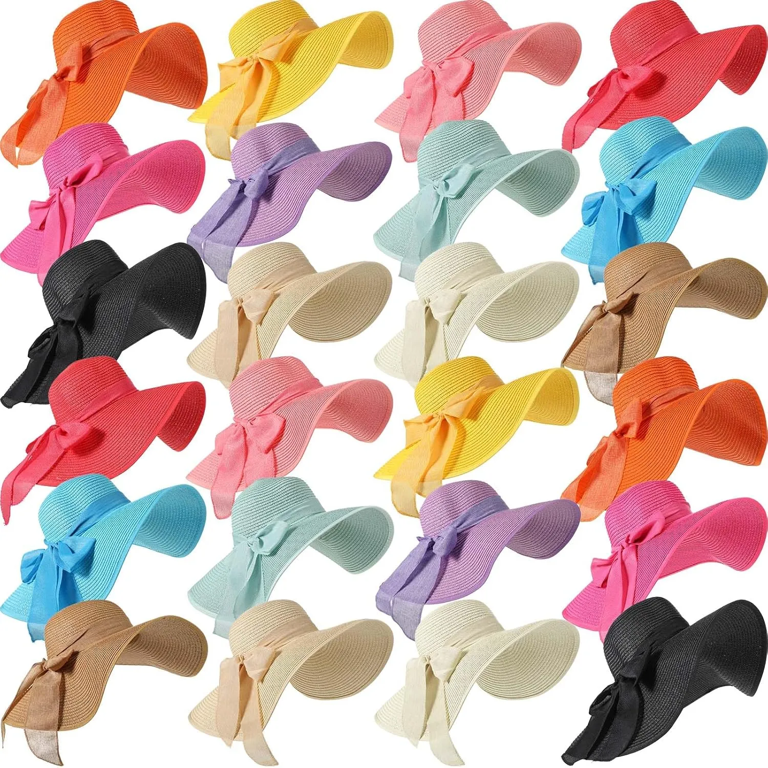 Tigeen 24 Pcs Sun Straw Hats for Women Bowknot Wide Brim 22.1-22.4 Inches Foldable Women's Floppy Hat Uv Protection UPF 50  Summer Beach Cap for Girls Ladies, 12 Colors Multicolor