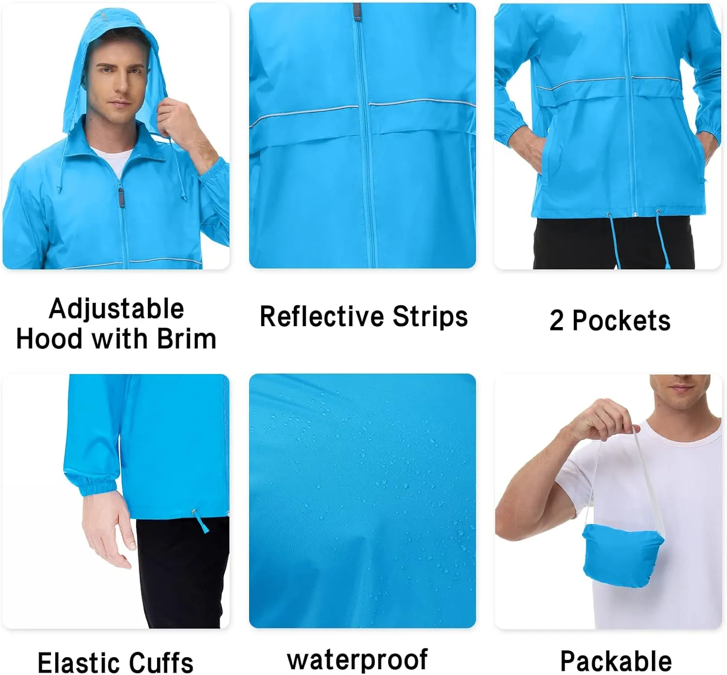TIHEEN Men's Rain Jacket Cycling Running Jackets Waterproof Raincoat with Hood Windbreaker Hiking Jacket Rain Coat