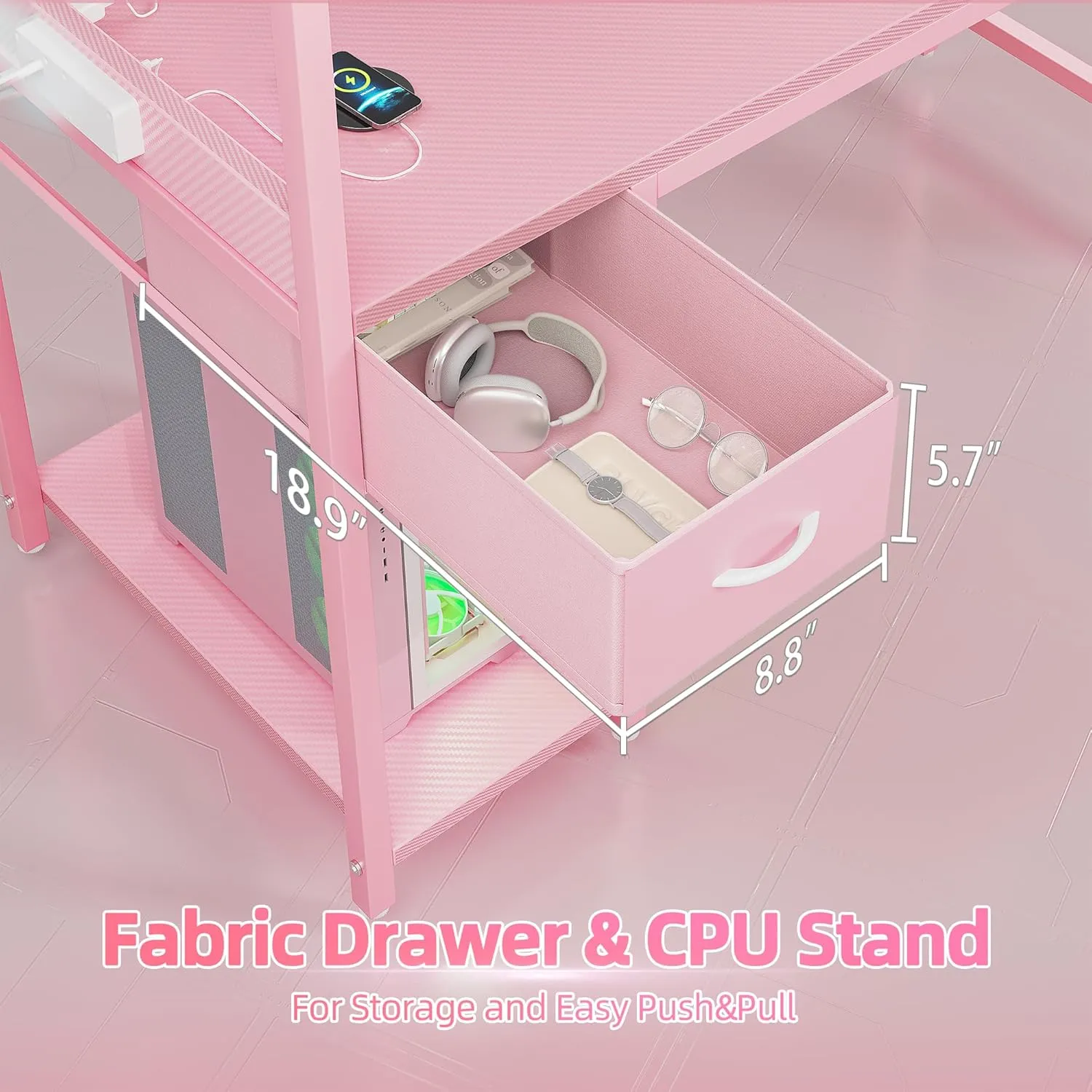 TIQLAB Gaming Desk 47 inch with Power Outlet and LED Light, Computer Desk with Reversible Shelves and Storage Drawer, Small PC Desk for Home Office Table with Bag, Carbon Fiber Pink