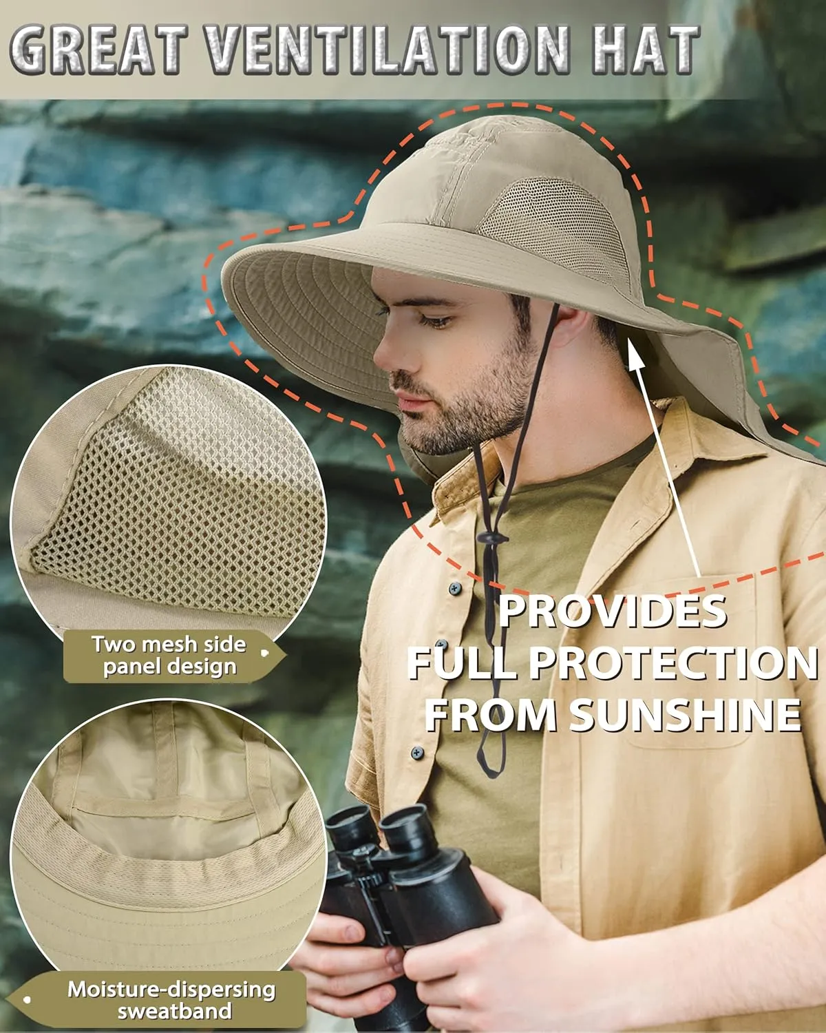 Tirrinia Neck Flap Fishing Safari Cap for Men & Women, Wide Brim Sun Hat for Outdoor Hiking, Camping, Gardening