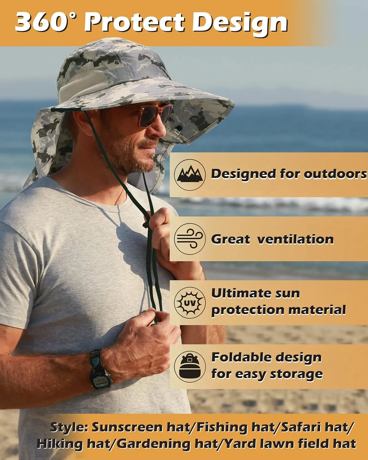 Tirrinia Neck Flap Fishing Safari Cap for Men & Women, Wide Brim Sun Hat for Outdoor Hiking, Camping, Gardening