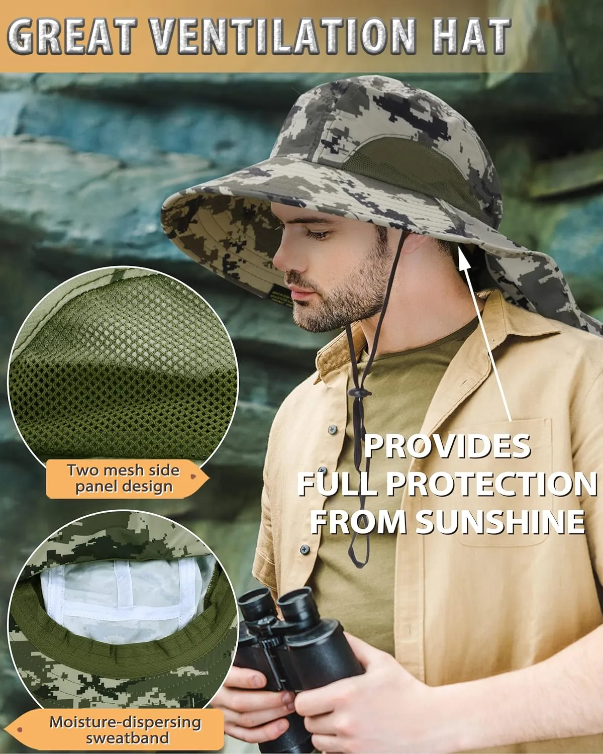 Tirrinia Neck Flap Fishing Safari Cap for Men & Women, Wide Brim Sun Hat for Outdoor Hiking, Camping, Gardening