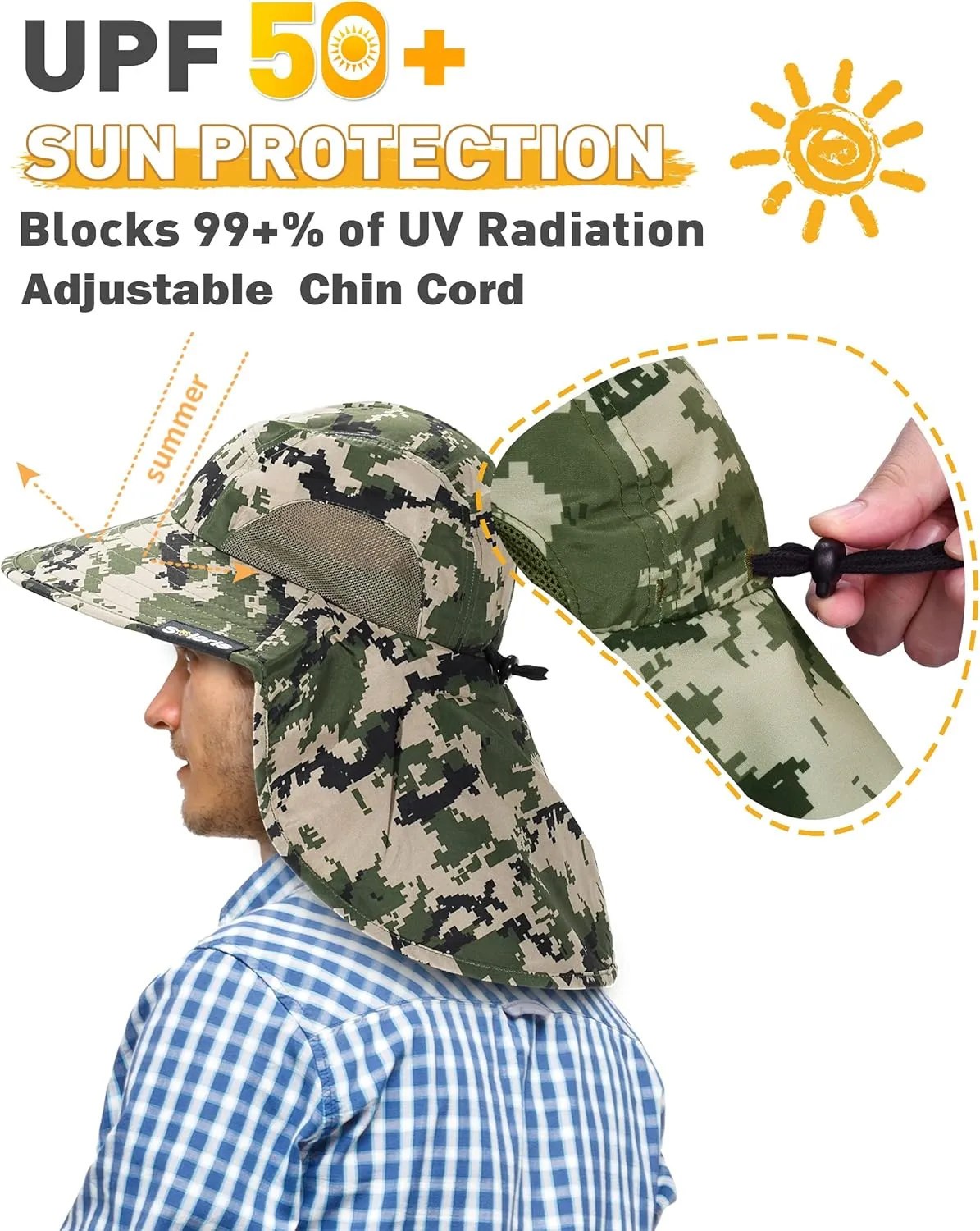 Tirrinia Neck Flap Fishing Safari Cap for Men & Women, Wide Brim Sun Hat for Outdoor Hiking, Camping, Gardening
