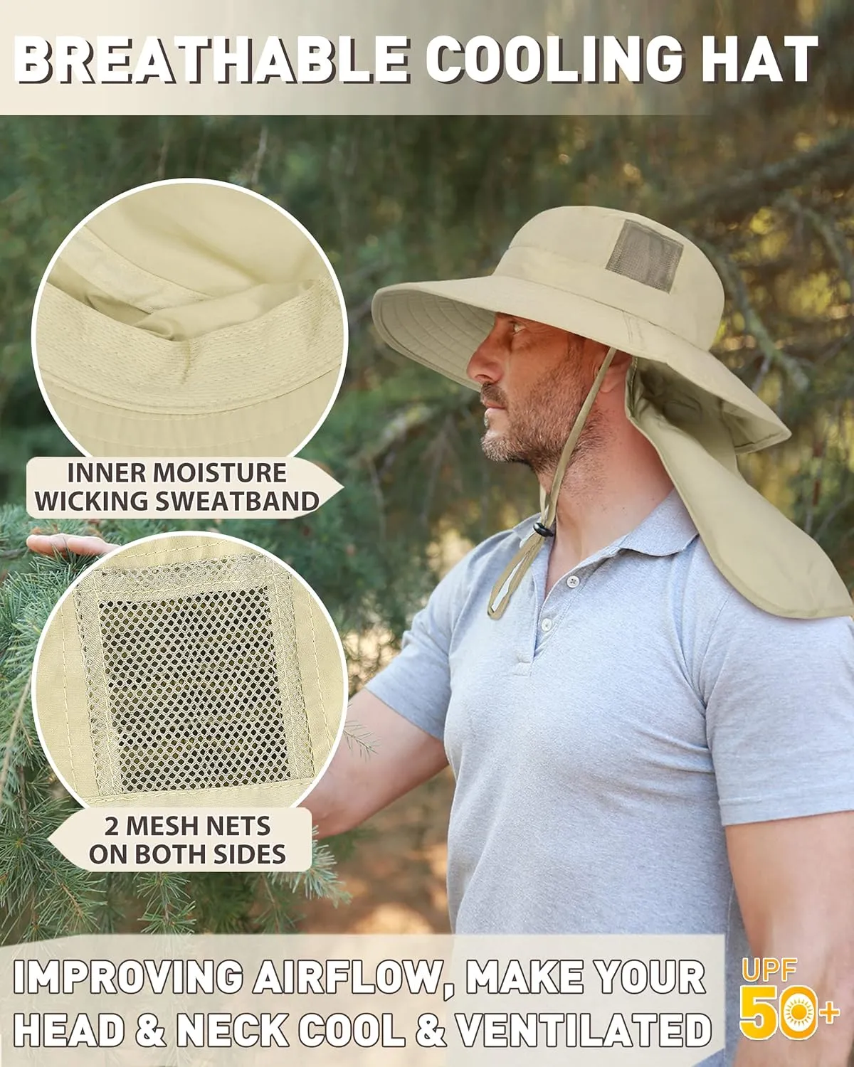 Tirrinia Neck Flap Fishing Safari Cap for Men & Women, Wide Brim Sun Hat for Outdoor Hiking, Camping, Gardening