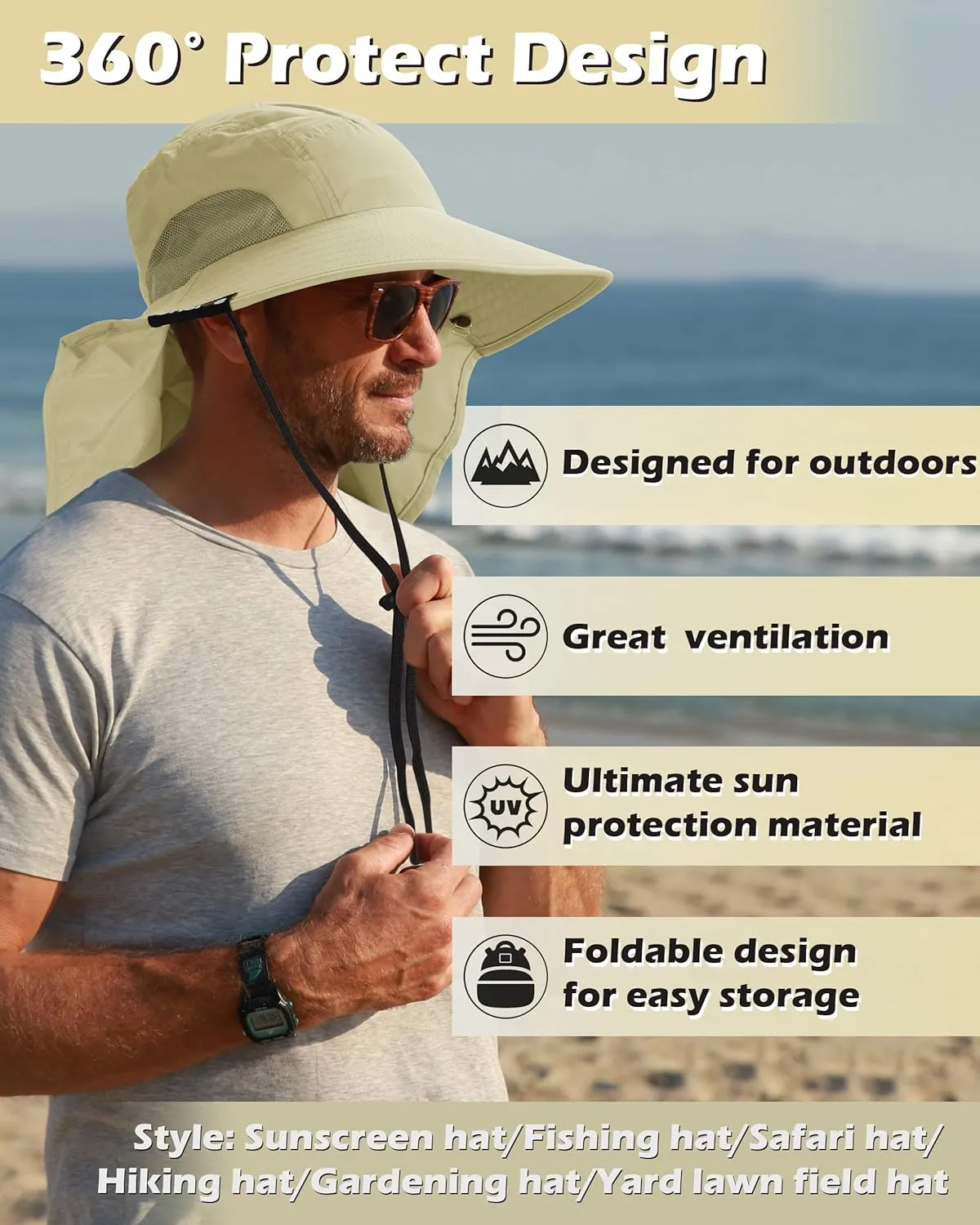 Tirrinia Neck Flap Fishing Safari Cap for Men & Women, Wide Brim Sun Hat for Outdoor Hiking, Camping, Gardening