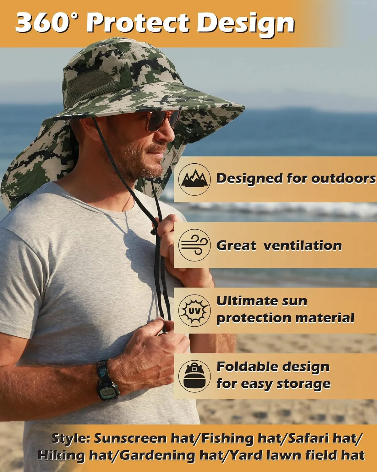 Tirrinia Neck Flap Fishing Safari Cap for Men & Women, Wide Brim Sun Hat for Outdoor Hiking, Camping, Gardening