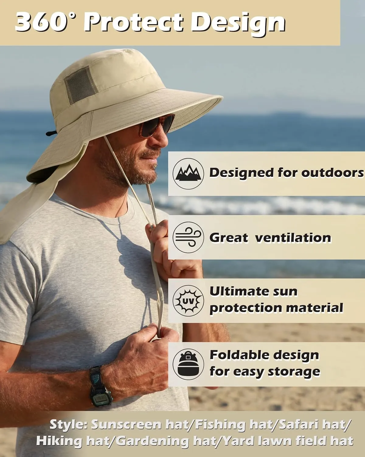 Tirrinia Neck Flap Fishing Safari Cap for Men & Women, Wide Brim Sun Hat for Outdoor Hiking, Camping, Gardening