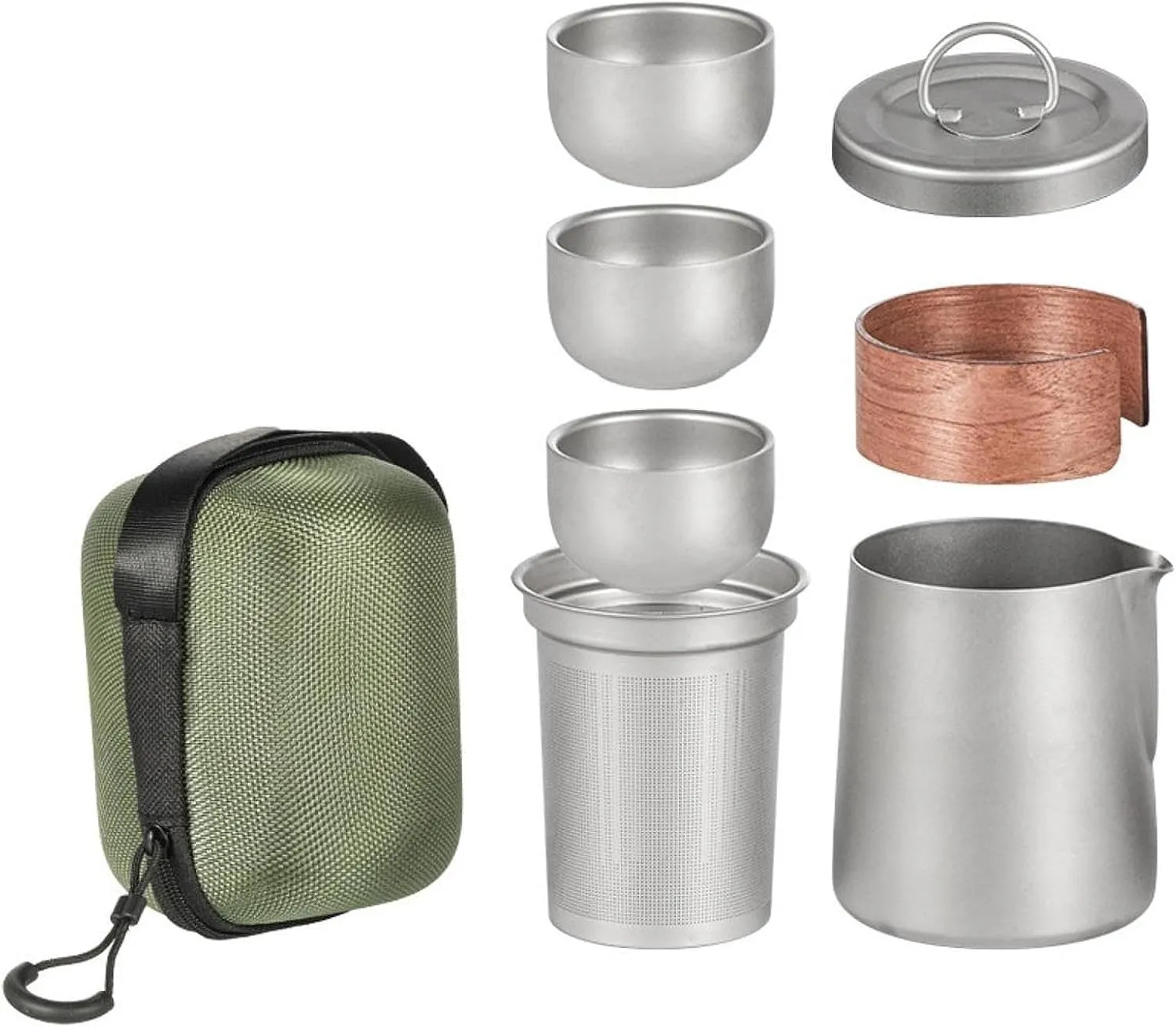 Titanium Tea Set Travel Teapot Tea Maker with 3 Teacups for Camping Fishing Picnic, with Handle Cover