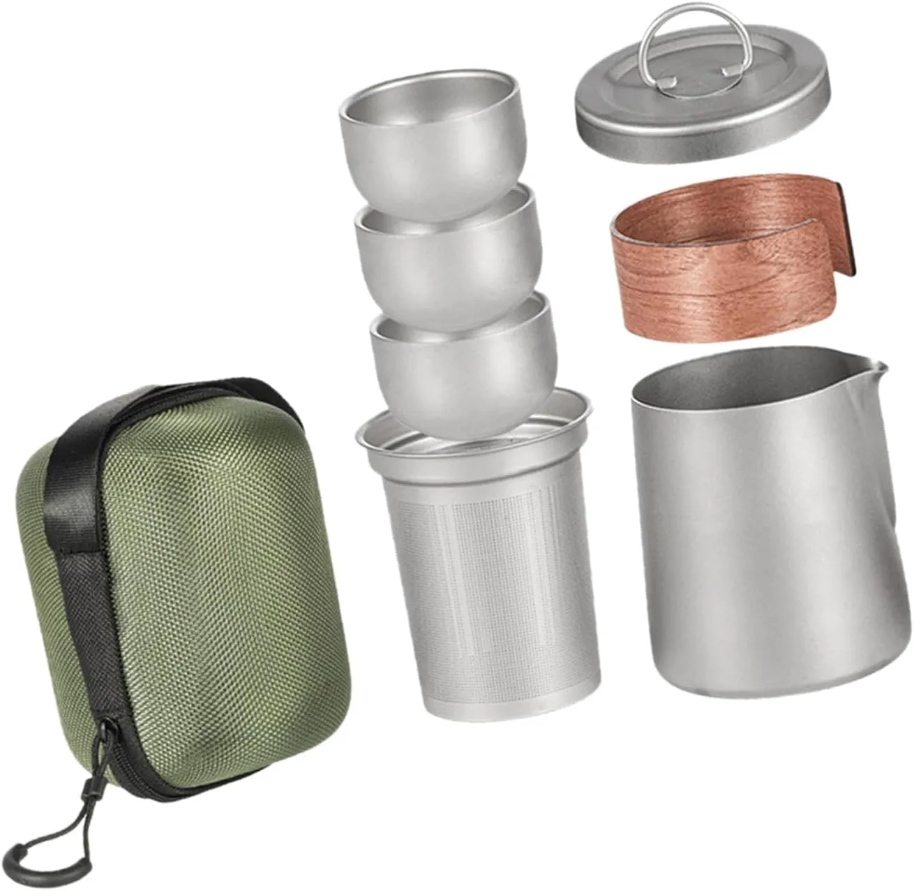 Titanium Tea Set Travel Teapot Tea Maker with 3 Teacups for Camping Fishing Picnic, with Handle Cover