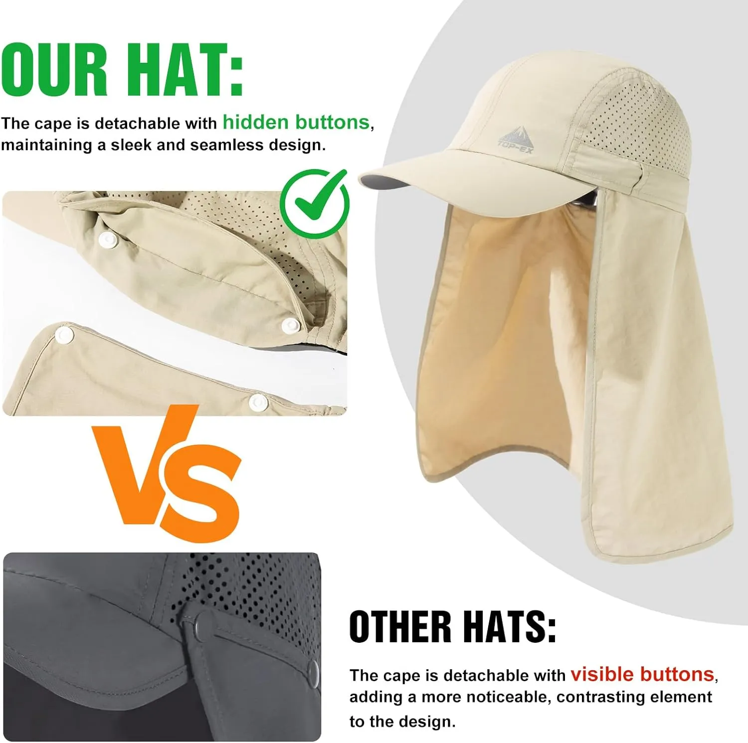TOP-EX Men's Oversize Baseball Cap with Detachable Neck Flap - UV SPF Sun Protection Hat