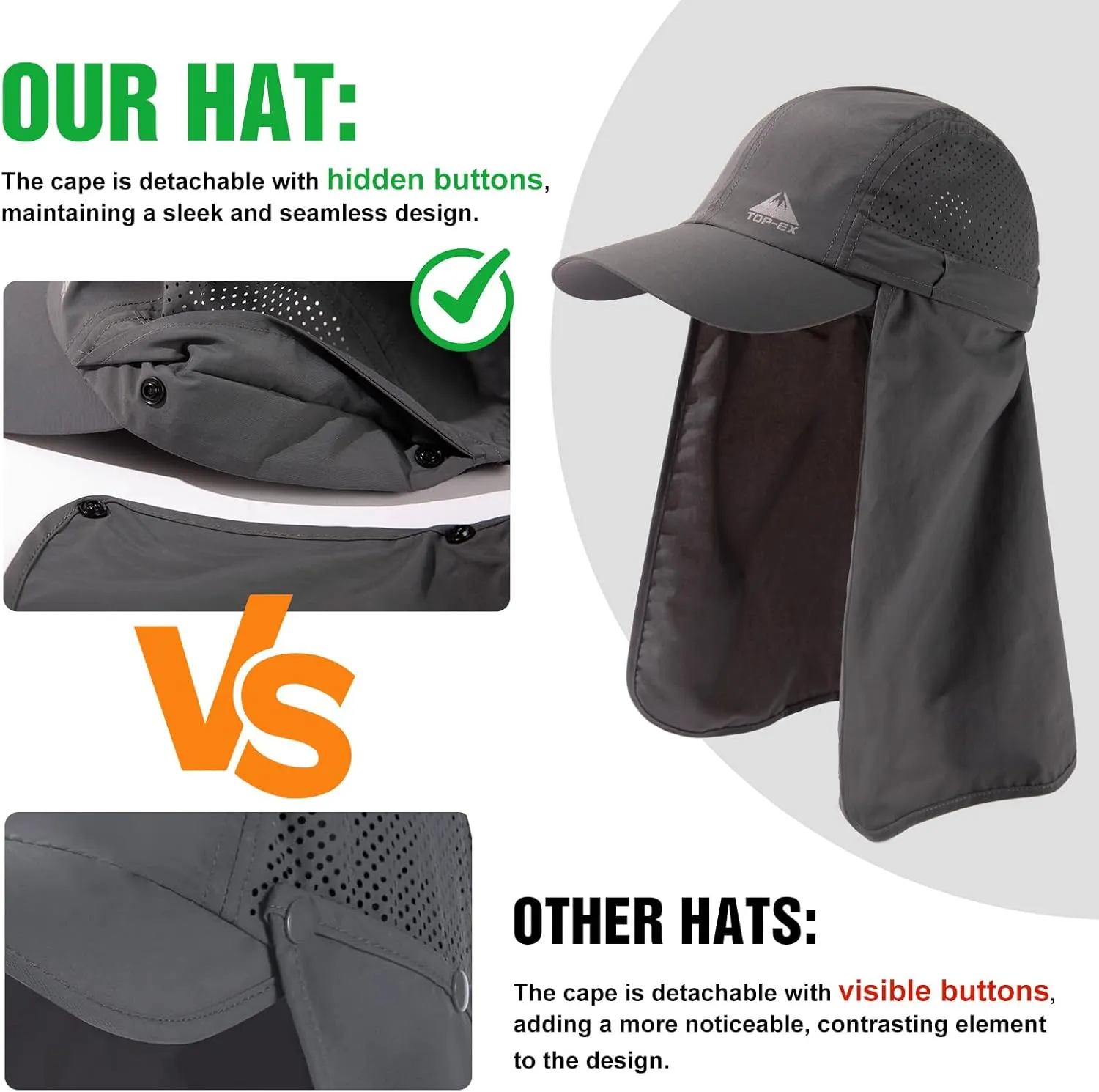 TOP-EX Men's Oversize Baseball Cap with Detachable Neck Flap - UV SPF Sun Protection Hat