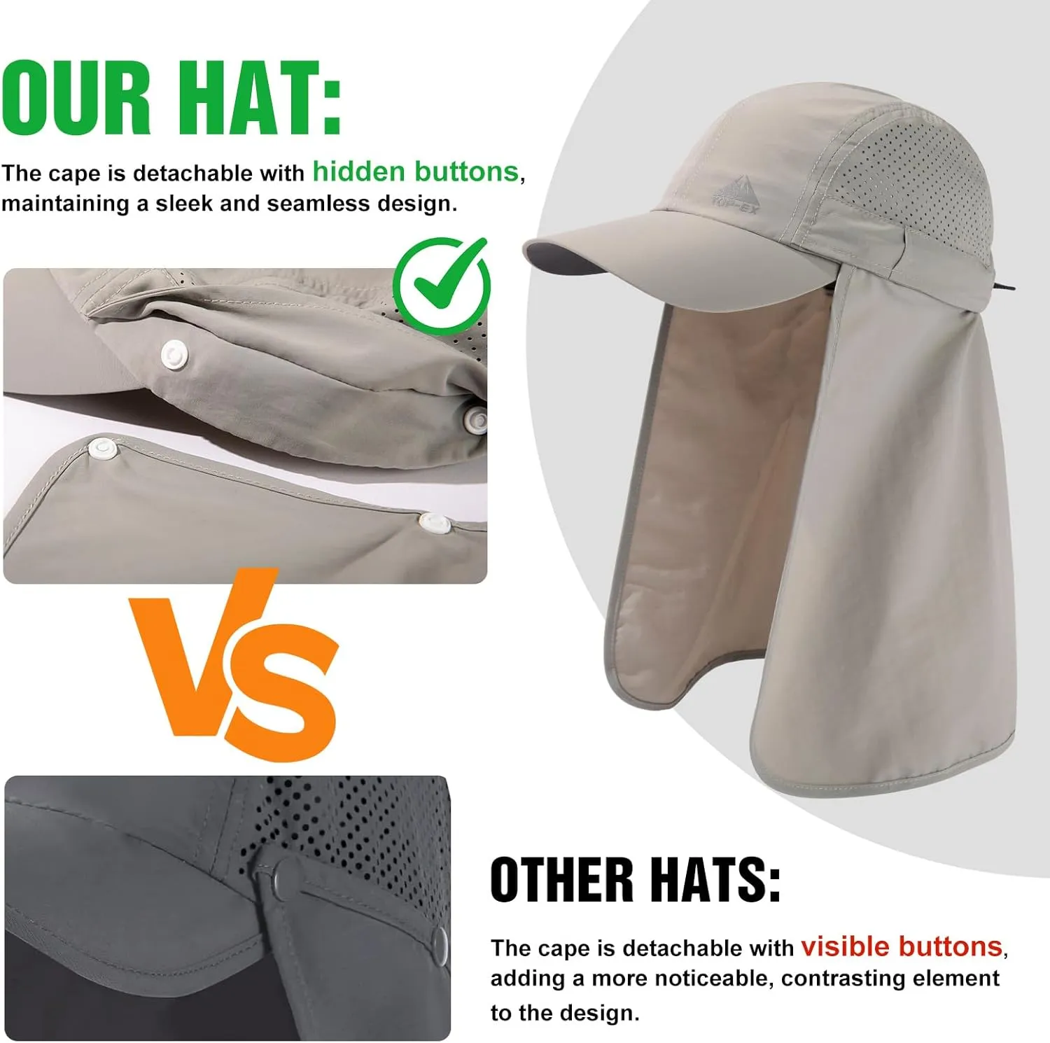 TOP-EX Men's Oversize Baseball Cap with Detachable Neck Flap - UV SPF Sun Protection Hat