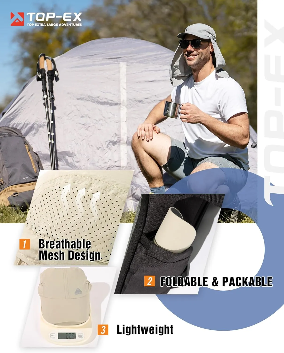 TOP-EX Men's Oversize Baseball Cap with Detachable Neck Flap - UV SPF Sun Protection Hat