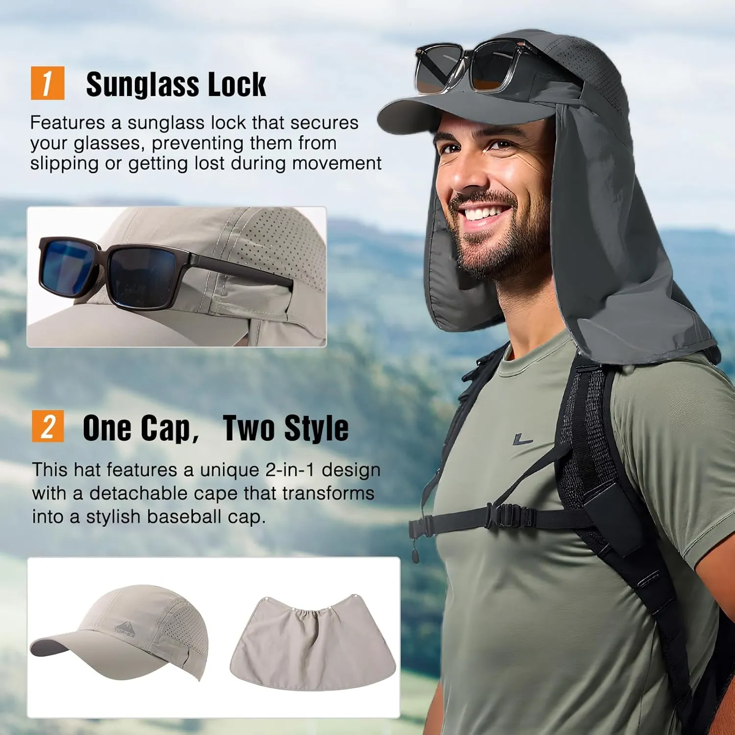 TOP-EX Men's Oversize Baseball Cap with Detachable Neck Flap - UV SPF Sun Protection Hat