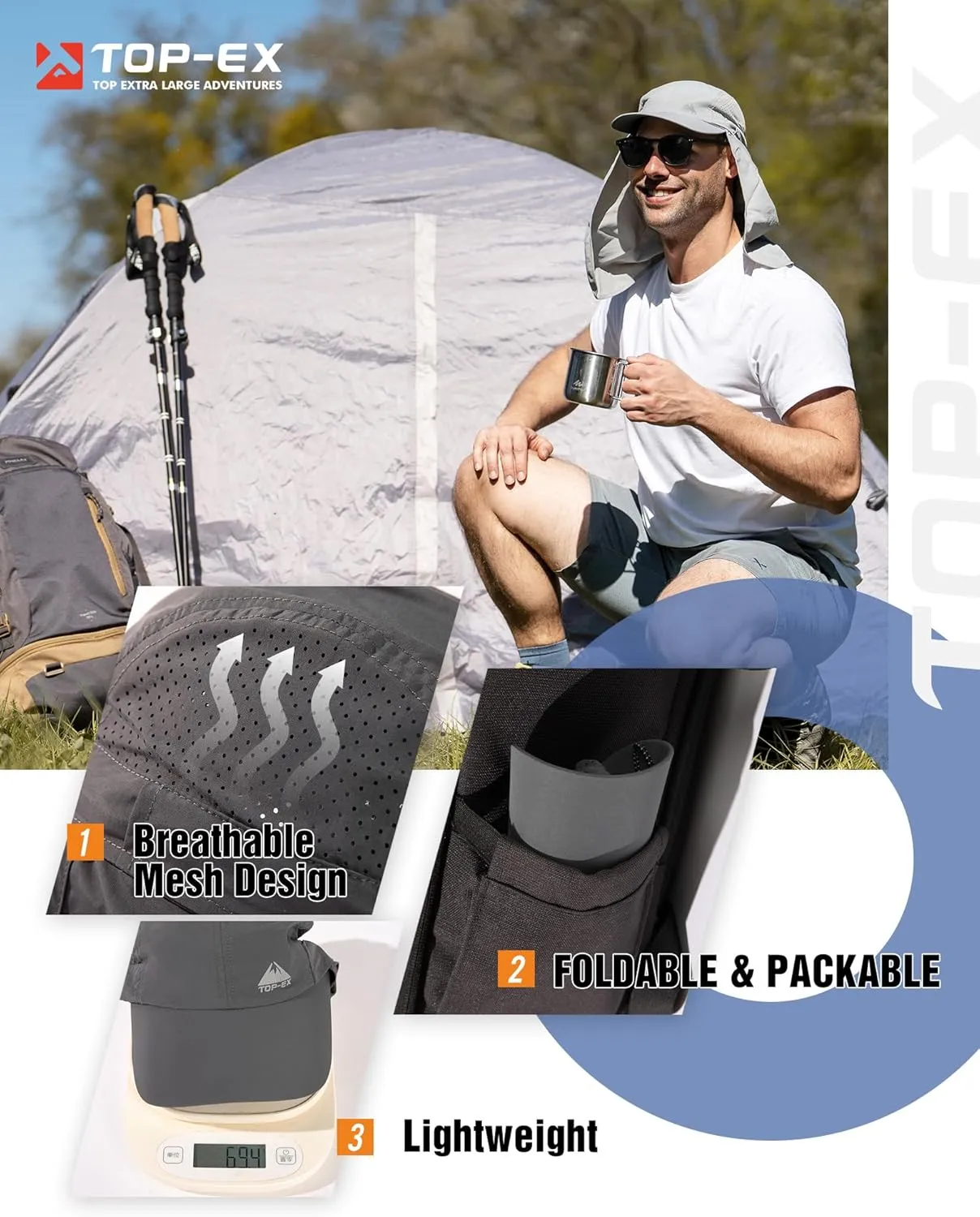 TOP-EX Men's Oversize Baseball Cap with Detachable Neck Flap - UV SPF Sun Protection Hat