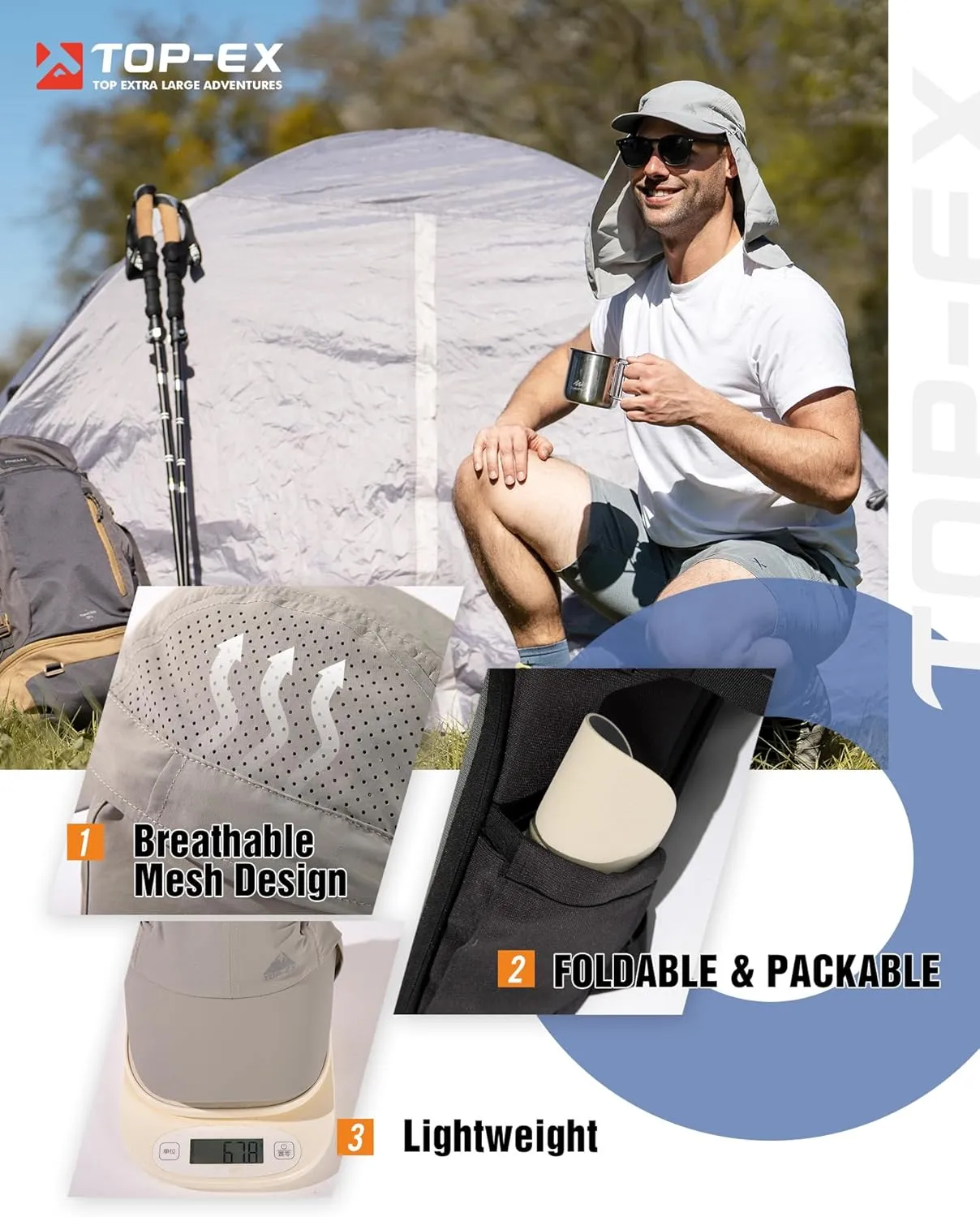 TOP-EX Men's Oversize Baseball Cap with Detachable Neck Flap - UV SPF Sun Protection Hat
