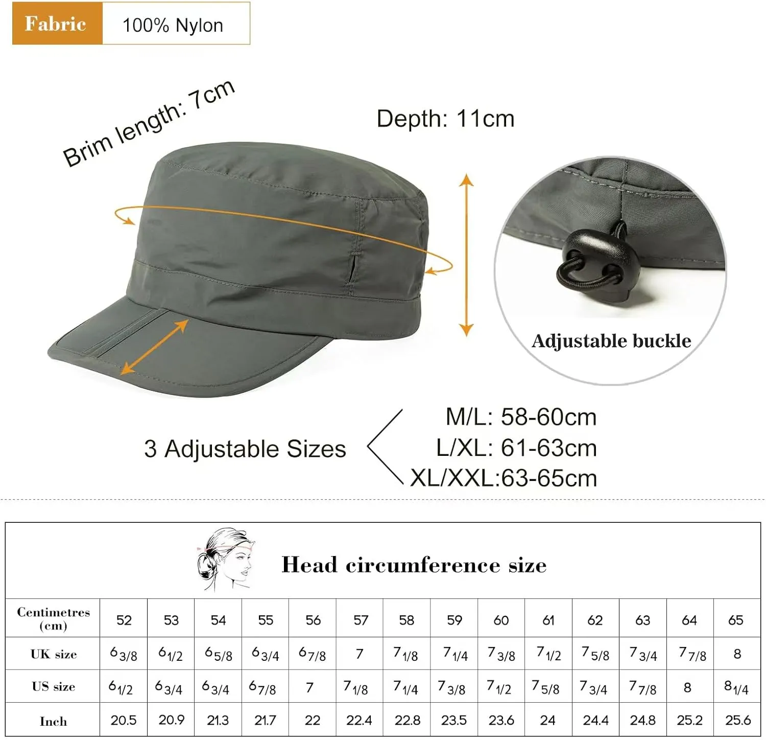 TOP-EX XL XXL Waterproof & UV50  Army Cap w/Foldable Brim & Card Pocket 61-65CM