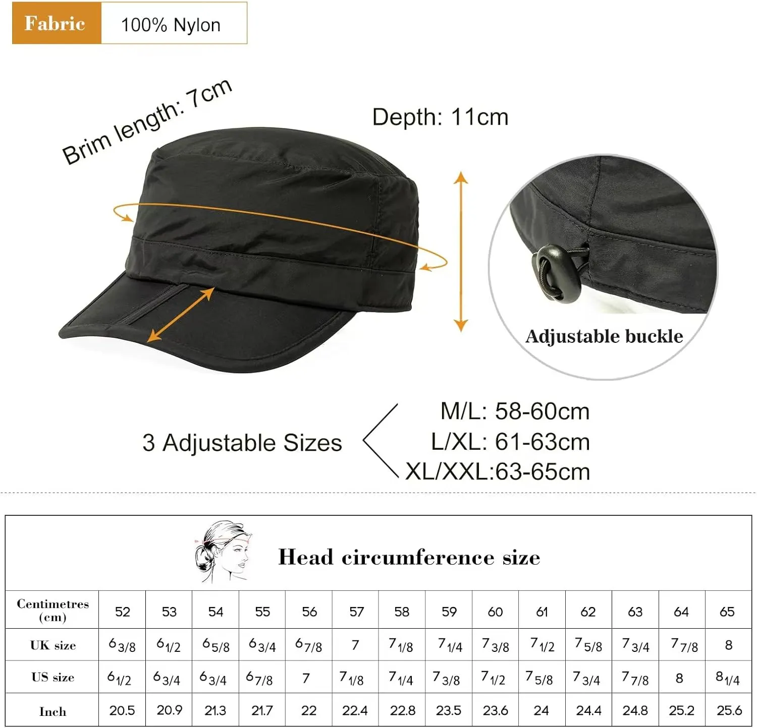 TOP-EX XL XXL Waterproof & UV50  Army Cap w/Foldable Brim & Card Pocket 61-65CM