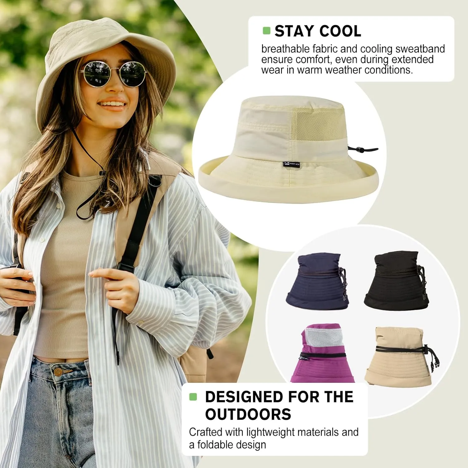 TOP-EX XL/XXL Women’s Wide Brim Bucket Sun Hat with Ponytail Hole UPF 50 Summer Packable Sunhat for Travel Beach Outdoor