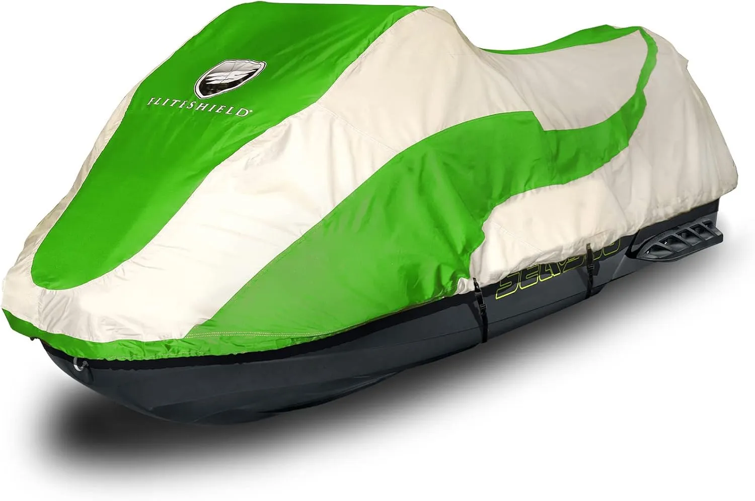 Trailerable Jet Ski Cover, Heavy Duty Waterproof Marine Grade 600D Solution-Dyed Polyester PWC Cover, Fits from 136" to 145" 3 Seater, Two Tone Green/Gray Color