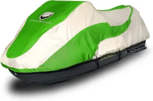 Trailerable Jet Ski Cover, Heavy Duty Waterproof Marine Grade 600D Solution-Dyed Polyester PWC Cover, Fits from 136" to 145" 3 Seater, Two Tone Green/Gray Color