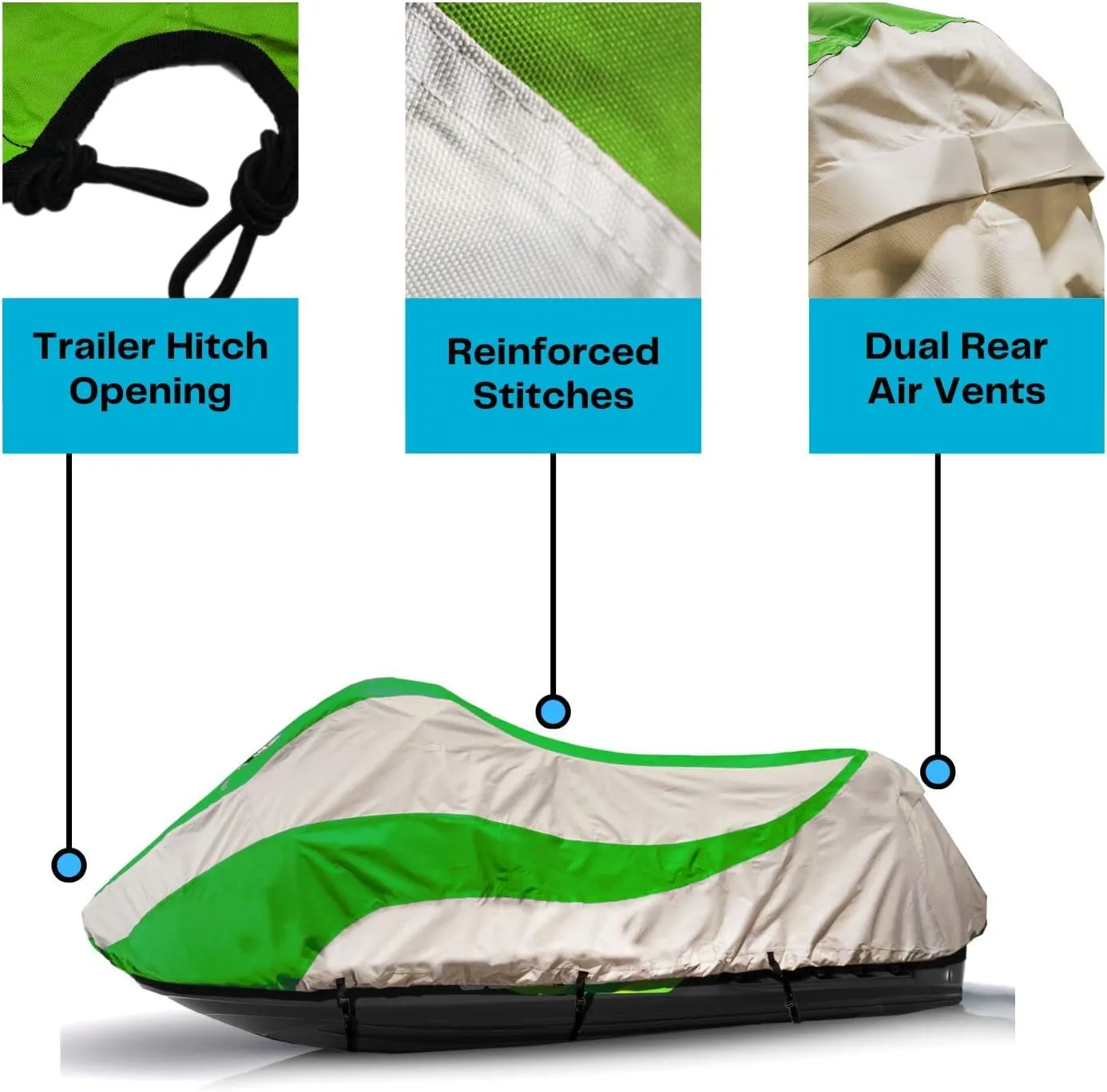 Trailerable Jet Ski Cover, Heavy Duty Waterproof Marine Grade 600D Solution-Dyed Polyester PWC Cover, Fits from 136" to 145" 3 Seater, Two Tone Green/Gray Color