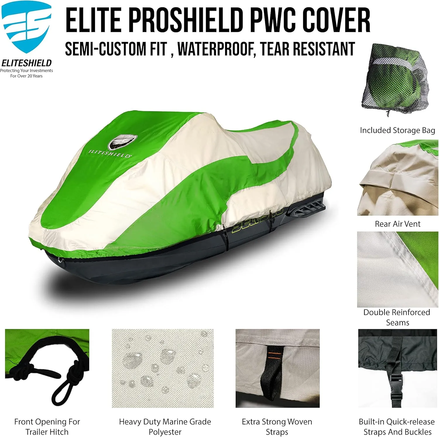 Trailerable Jet Ski Cover, Heavy Duty Waterproof Marine Grade 600D Solution-Dyed Polyester PWC Cover, Fits from 136" to 145" 3 Seater, Two Tone Green/Gray Color