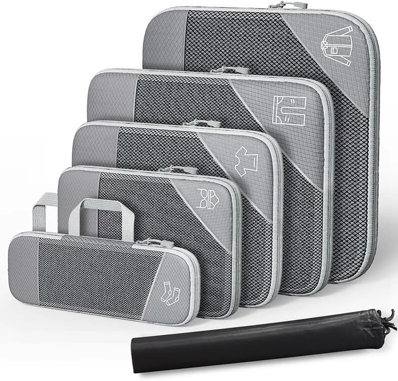 Travel Compressible Storage Bag Storage Bag Set with Shoe Bag Mesh Visual Luggage Storage Organizing Storage Bag (Gray, One Size)