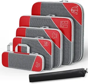 Travel Compressible Storage Bag Storage Bag Set with Shoe Bag Mesh Visual Luggage Storage Organizing Storage Bag (Red, One Size)