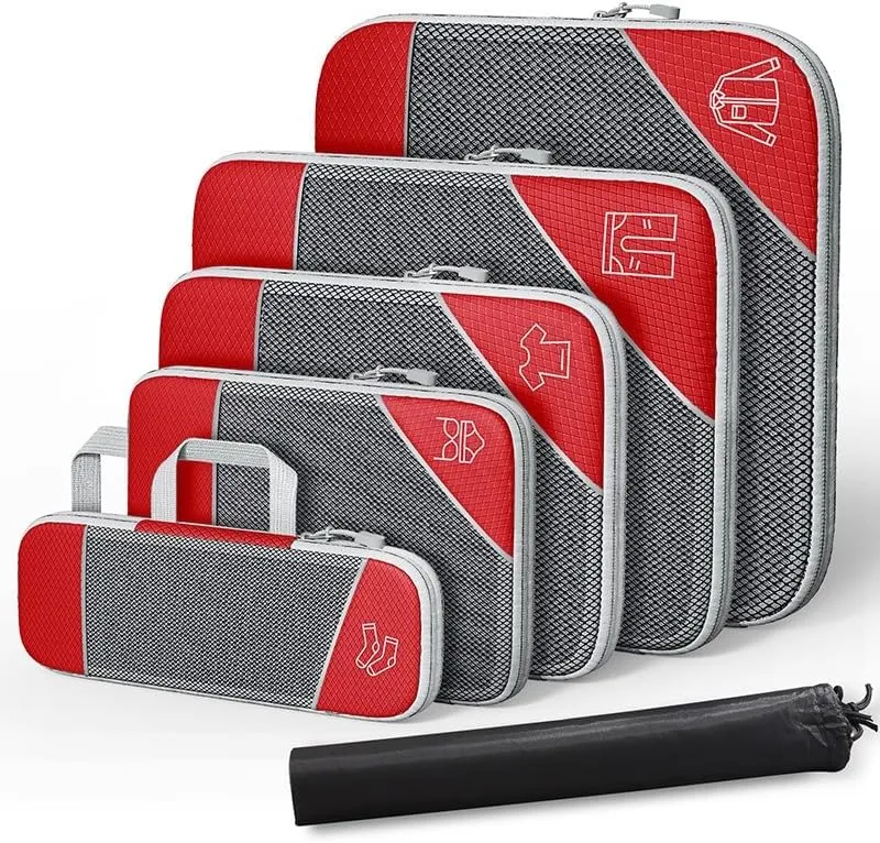 Travel Compressible Storage Bag Storage Bag Set with Shoe Bag Mesh Visual Luggage Storage Organizing Storage Bag (Red, One Size)