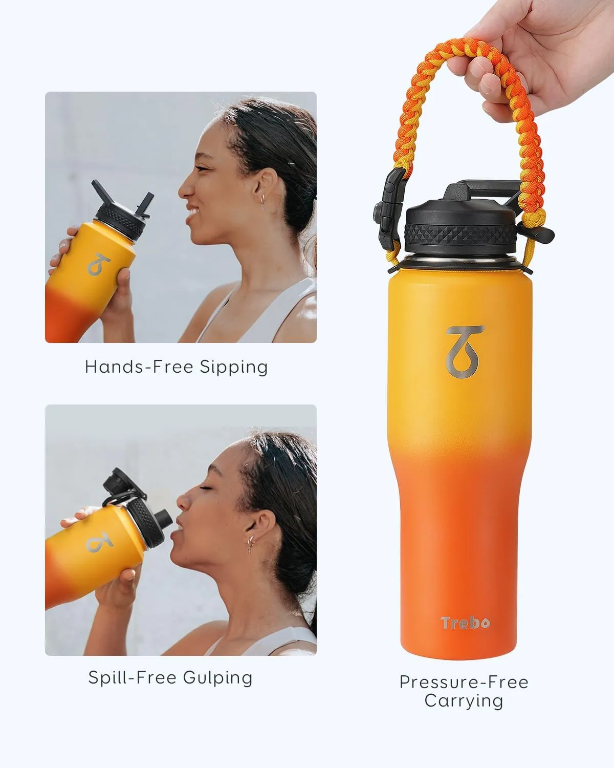 Trebo 32oz Insulated Water Bottle that Fits in Cup Holder, Stainless Steel Bottles Tumbler Double Wall Metal with Straw Spout Lids,Travel Flask with Paracord Handle, Sweat Proof Keep Cold &Hot,Orange
