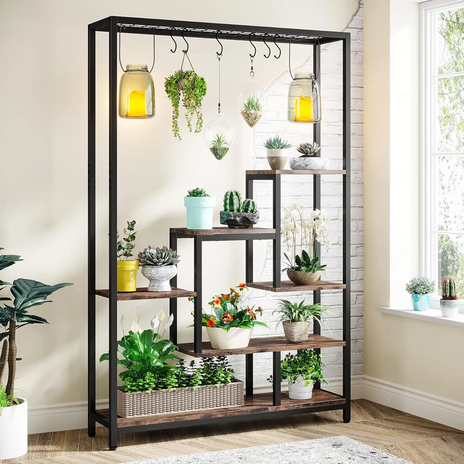 Tribesigns 5-Tier Tall Indoor Plant Stand, 70.9 inches Large Metal Plant Shelf with 6PC S Hanging Hooks, Multi-Purpose Flower Bonsai Pots Display Rack for Indoor, Garden, Balcony, Living Room
