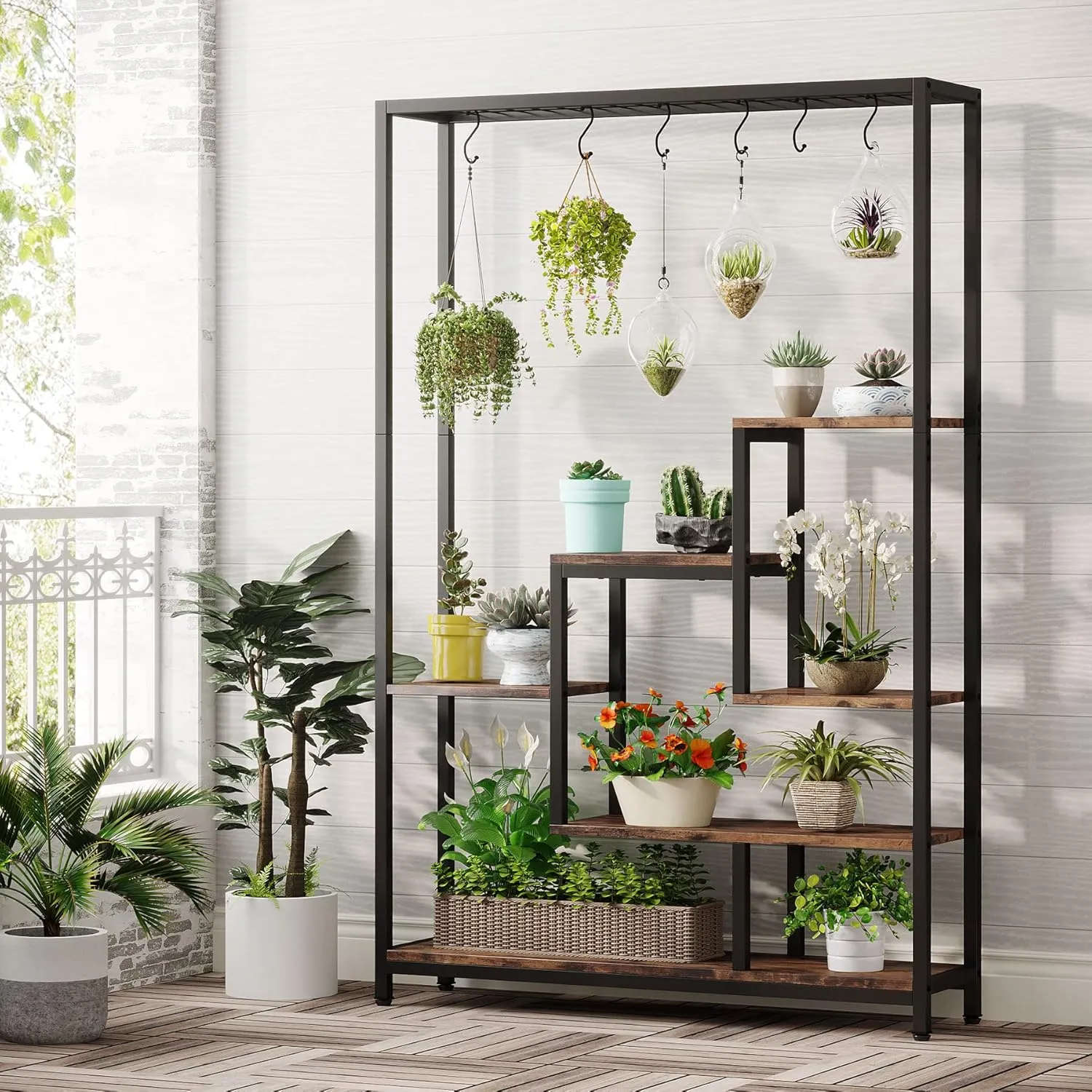 Tribesigns 5-Tier Tall Indoor Plant Stand, 70.9 inches Large Metal Plant Shelf with 6PC S Hanging Hooks, Multi-Purpose Flower Bonsai Pots Display Rack for Indoor, Garden, Balcony, Living Room