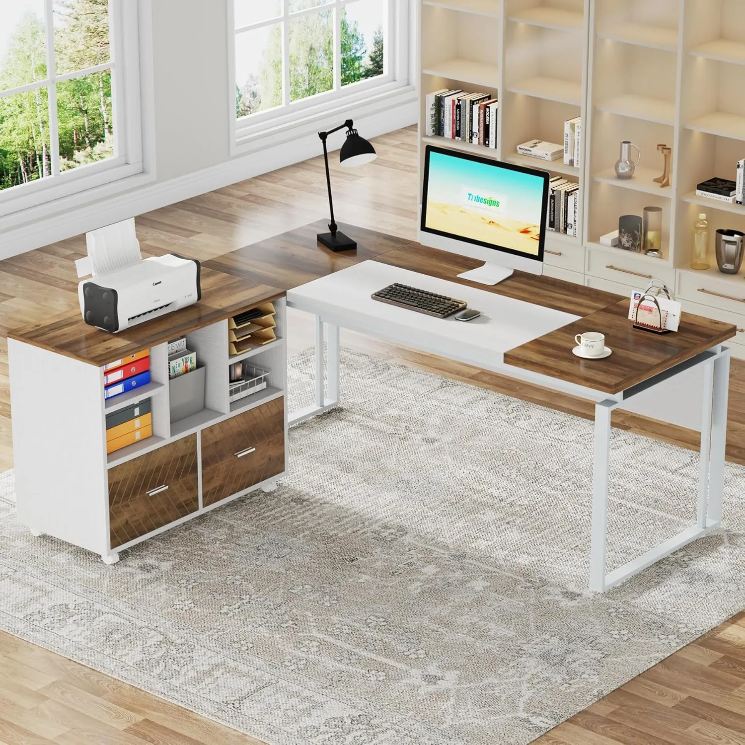 Tribesigns L-Shaped Executive Desk with Reversible File Cabinet, 63" Office Desk with Storage Drawers, Computer Desk Set (Oak Karo & White)