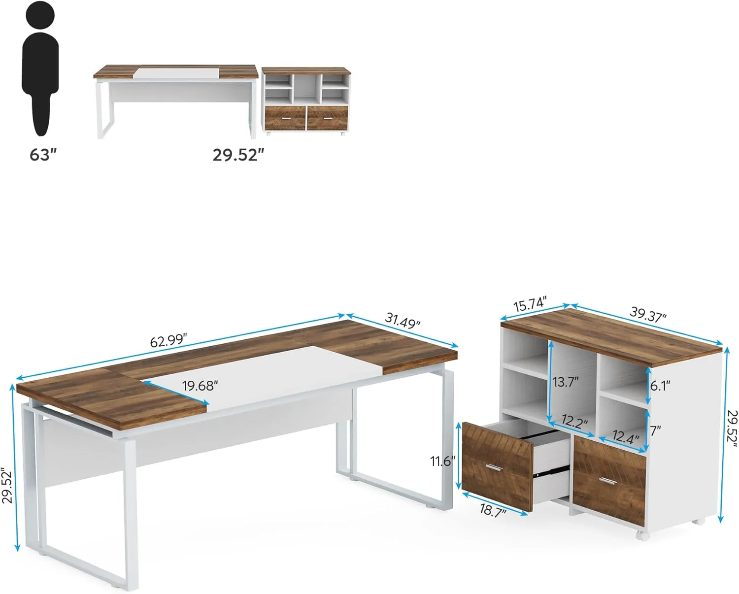 Tribesigns L-Shaped Executive Desk with Reversible File Cabinet, 63" Office Desk with Storage Drawers, Computer Desk Set (Oak Karo & White)