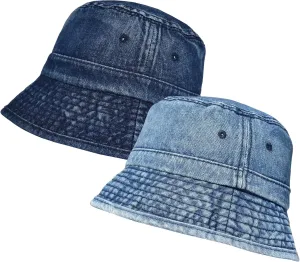 TSSGBL 2 Pack Cotton Denim Bucket Hats Vintage Washed Packable Summer Trendy Beach Travel Sun Caps for Women Men