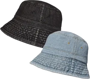 TSSGBL 2 Pack Cotton Denim Bucket Hats Vintage Washed Packable Summer Trendy Beach Travel Sun Caps for Women Men