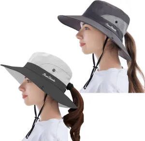 Tutuko Womens Wide Brim Sun Hats Foldable UV Protection Beach Bucket Hats Ponytail Mesh Fishing Hat