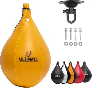 Ultimate Fitness Speed Bag - Boxing Leather MMA Muay Thai Training Punching Dodge Workout Speedball Kicking Striking Ball Kit with Hanging Swivel, Neddle, Screw Set
