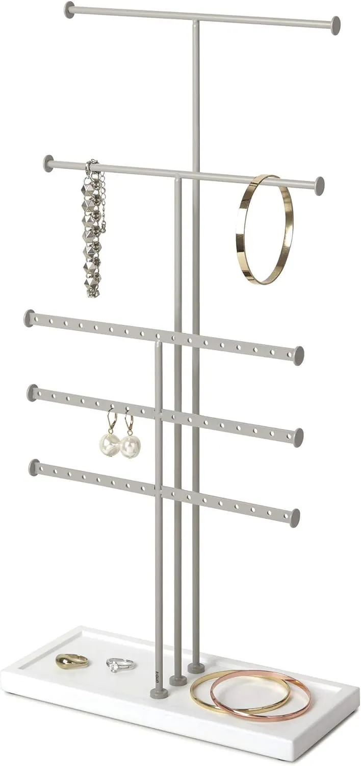 Umbra Trigem Tiered Tabletop Jewelry Organizer Freestanding Hanging Necklace, Earring and Bracelet Display, 5, White Gray