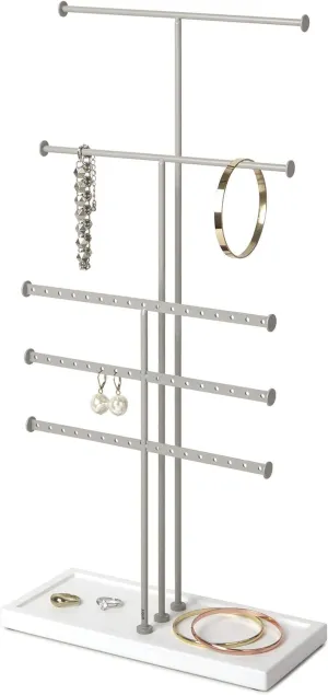 Umbra Trigem Tiered Tabletop Jewelry Organizer Freestanding Hanging Necklace, Earring and Bracelet Display, 5, White Gray