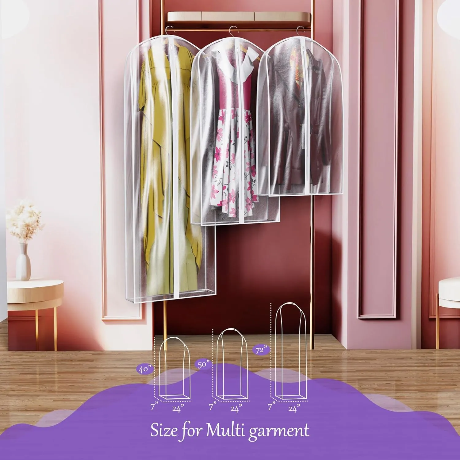 Univivi 60" Non-Smell Organza Dress Garment Bag with 7" Wide Gussted, Protect Your Clothing from Dust and Wrinkle, Set of 3