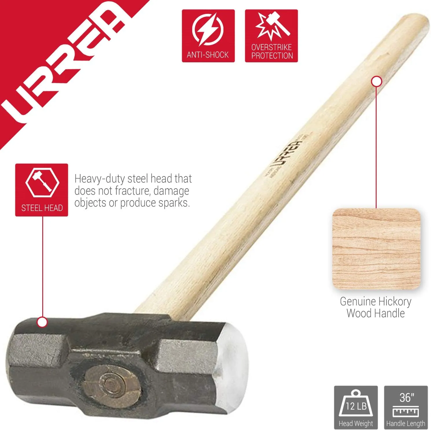 URREA Sledge Hammer - 12-Pound Steel Head Drilling Hammer with Forged Striking Head & Hickory Wood Handle - 1439G