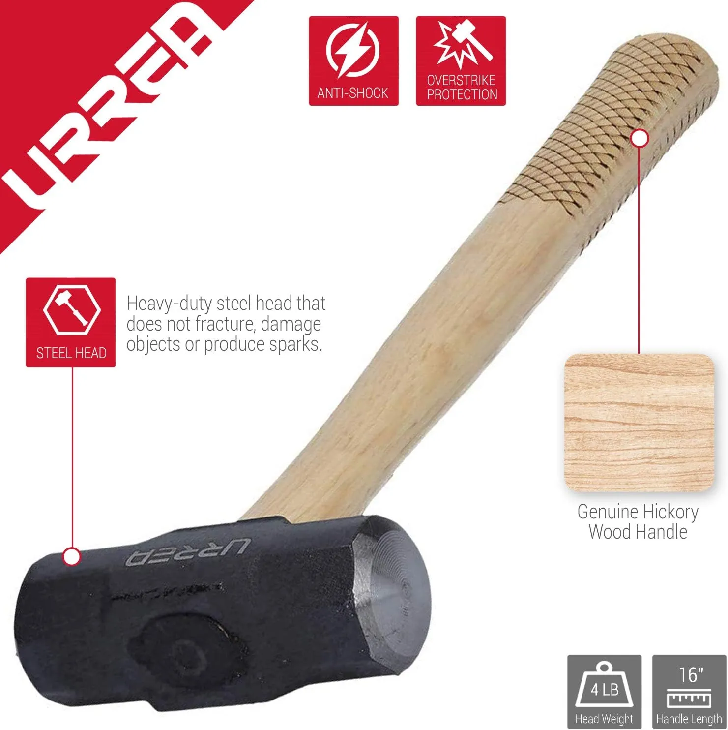 URREA Sledge Hammer - 4-Pound Steel Head Drilling Hammer with Forged Striking Head & Hickory Wood Handle - 1435EG