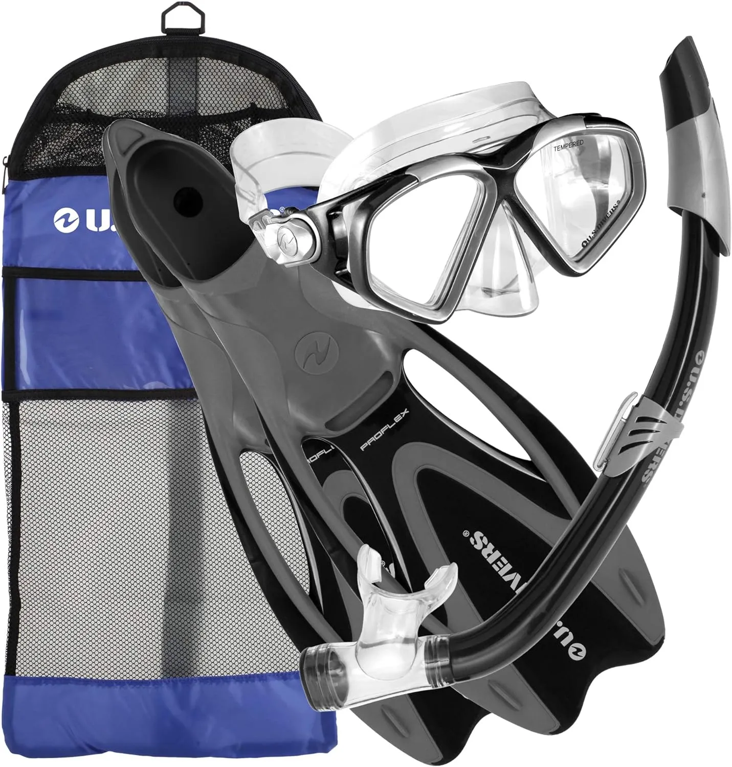 U.S. Divers Adult Cozumel Mask, Seabreeze II Snorkel, Proflex Fins, and Gear Bag Set SET COZUMEL DX BLACK SILVER M Navy Medium 6.5 - 8