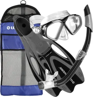 U.S. Divers Adult Cozumel Mask, Seabreeze II Snorkel, Proflex Fins, and Gear Bag Set SET COZUMEL DX BLACK SILVER M Navy Medium 6.5 - 8