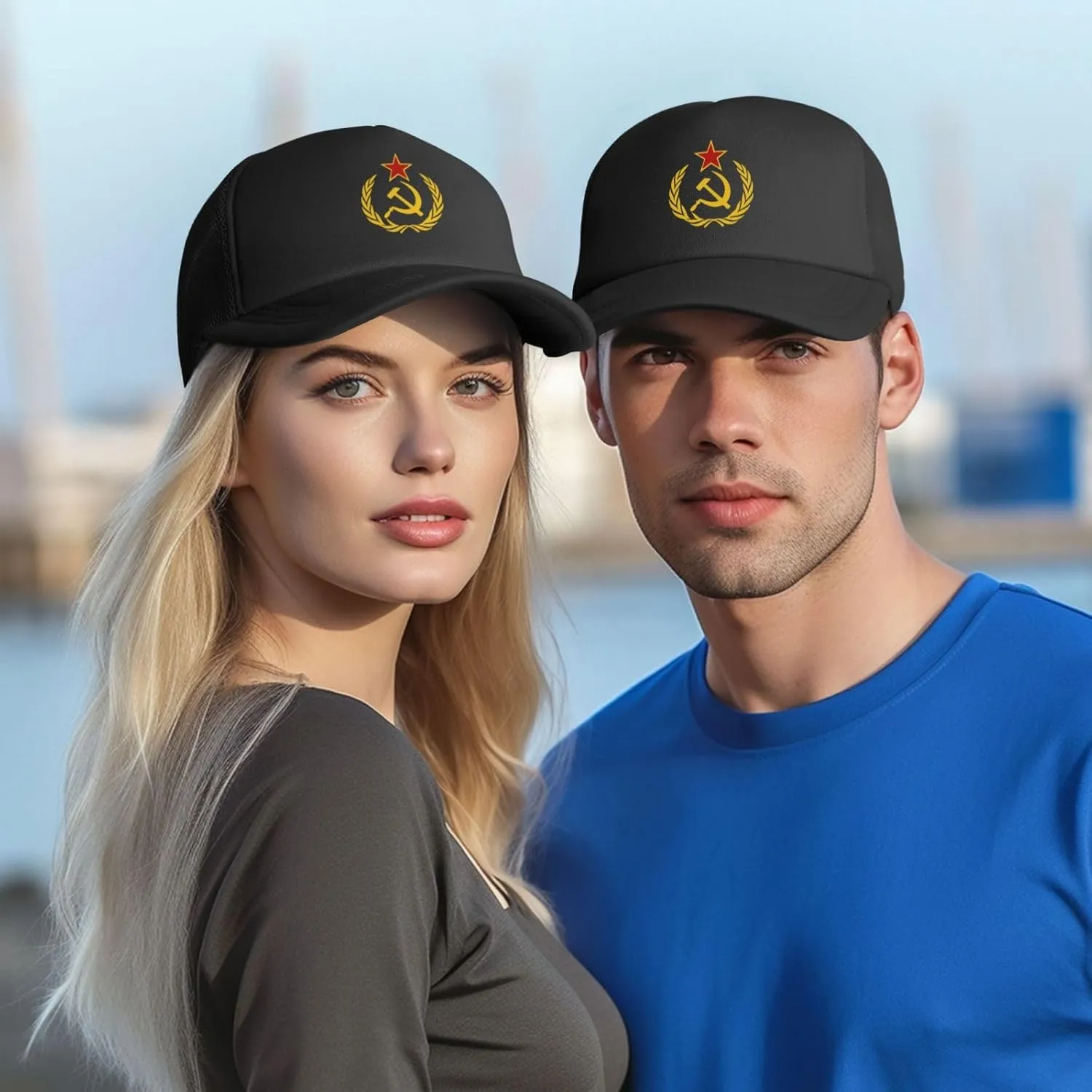 USSR Hammer & Sickle Trucker Cap Adjustable Solid Color Mesh Baseball Cap for Men Women Black